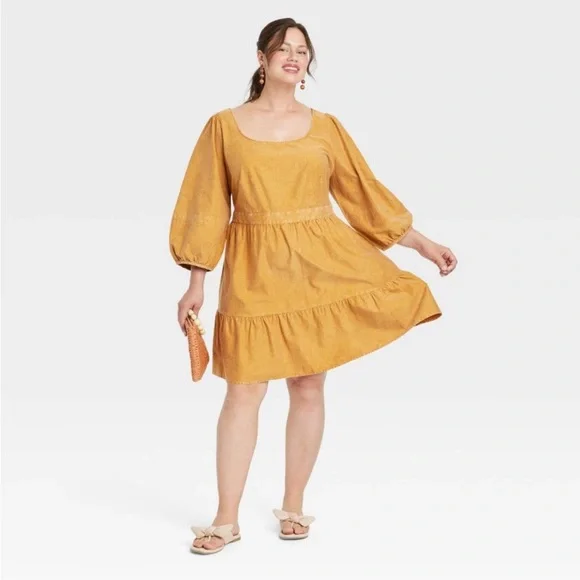 chinese dress ladies Mustard Cotton Flax Knee Length Princess Line Dress 60" / Regular (5'2"